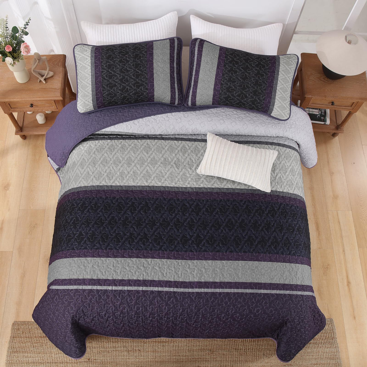 Dinjoy Queen Quilt Set Purple,Striped Bedspread Queen Size, Fall Bedding Sets 3 Pieces Micofiber Lightweight Quilts with 2 Pillow Shams Coverlet Bed Sets for Women Men 96''x90''