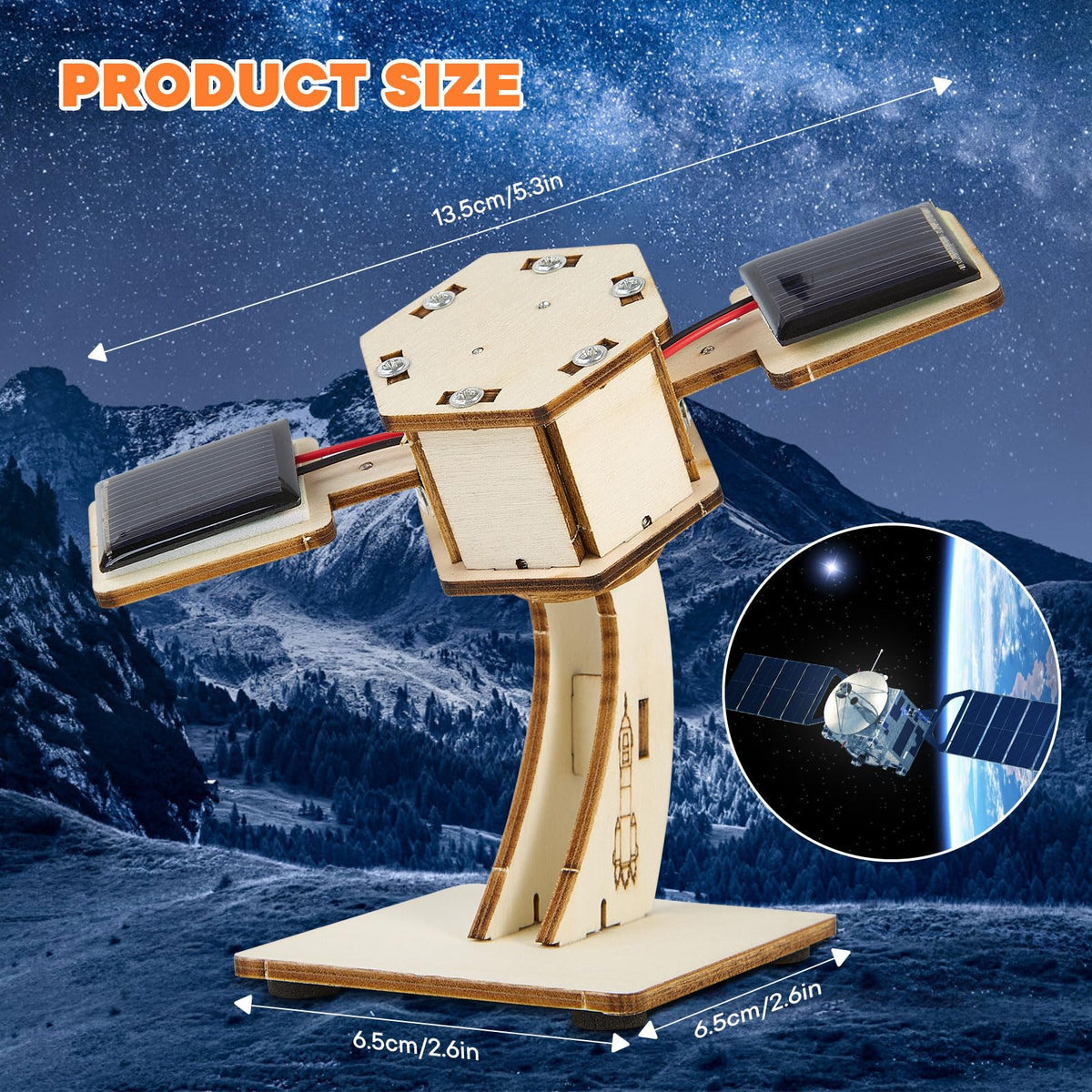 DIY Rotating Solar Satellite - 3D Wooden Puzzle Building Toy.STEM Educational Science Craft Model Kit for Kids.Creative Artificial Satellite Space Model.