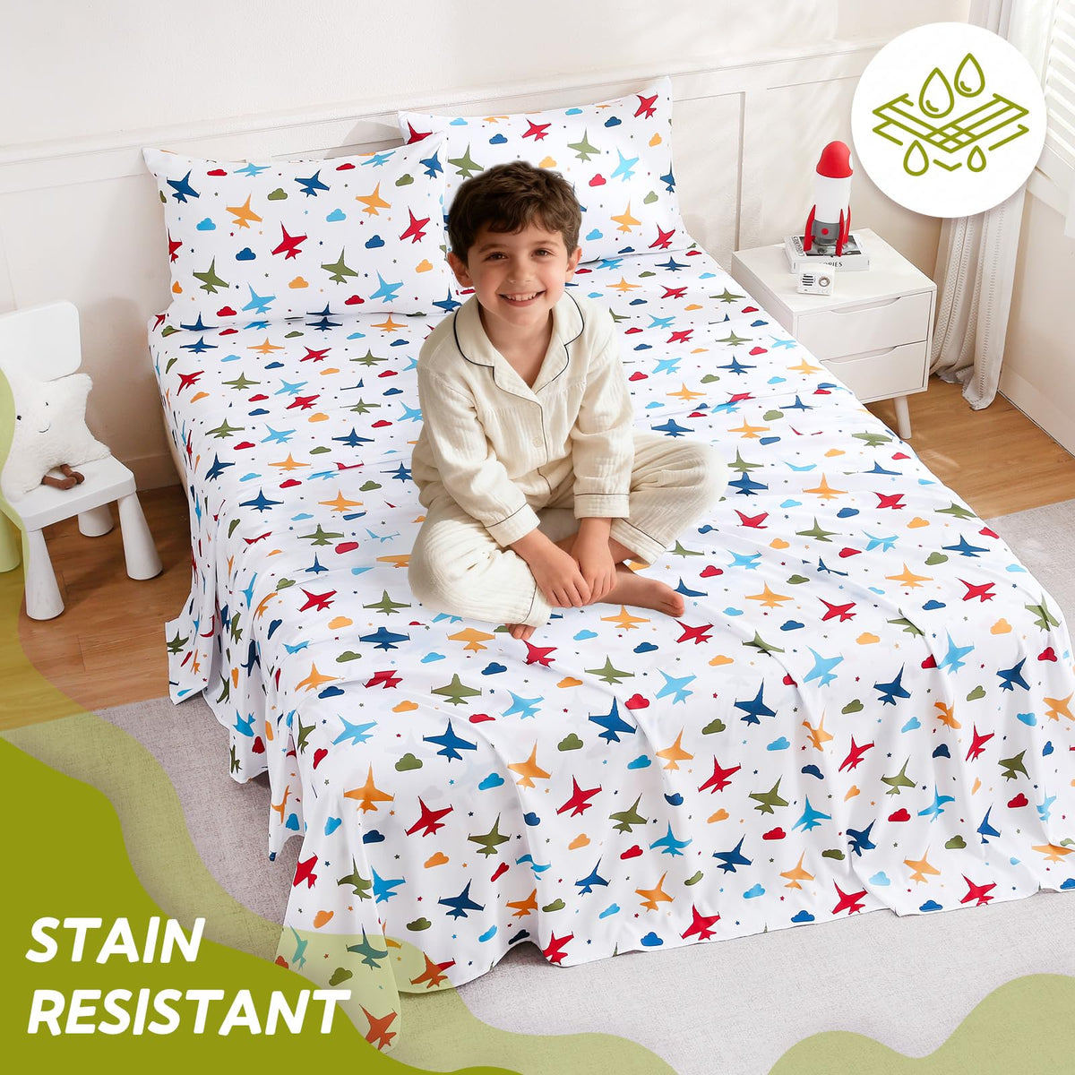 ChicView Queen Sheet Set Kids,4 Pieces Breathable Soft Microfiber Bedsheets for Child Boys Girls, Anti Pilling Deep Pockets Easy Care Bed Sheets, Aircraft