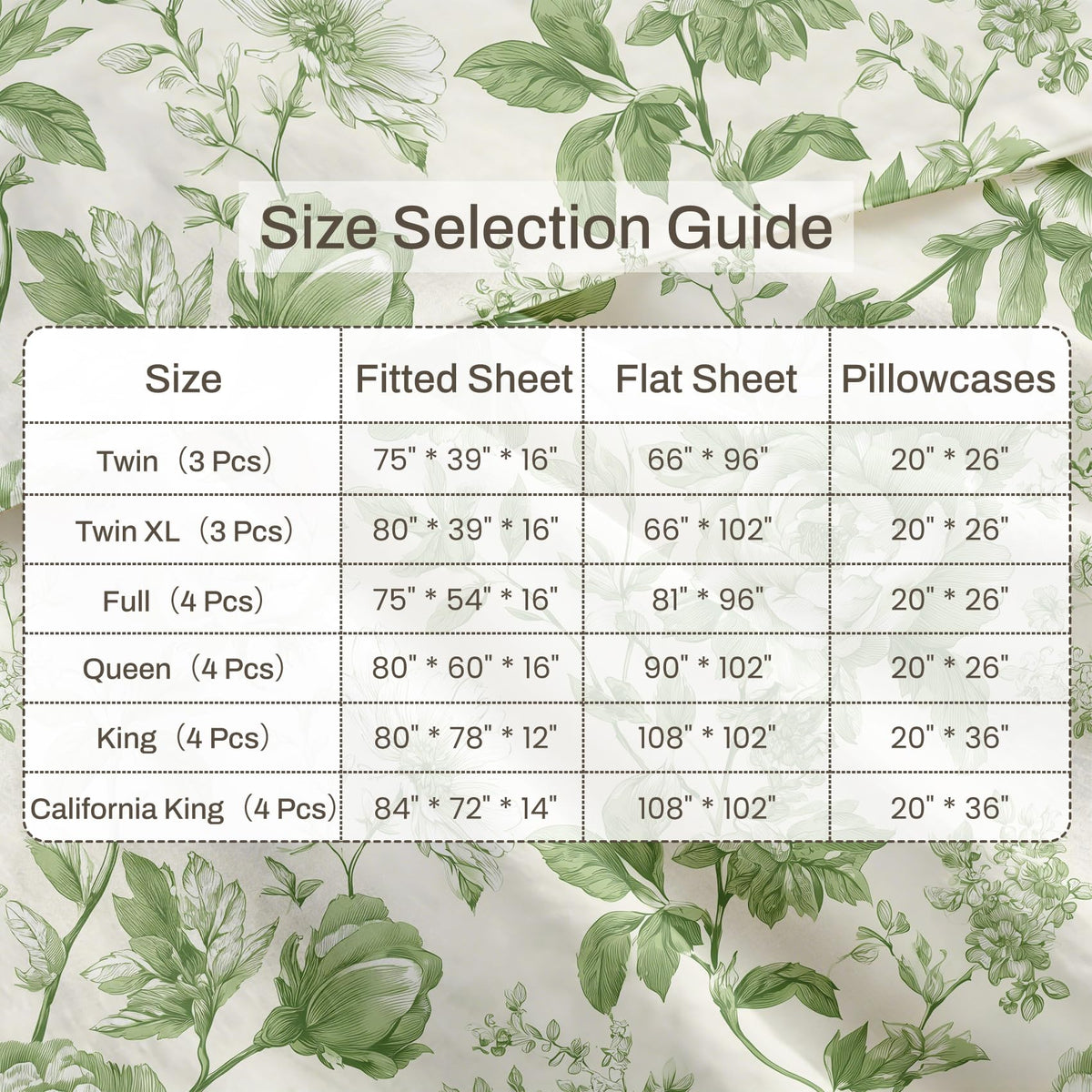 Green Floral California King Bedding Set Farmhouse Botanical Sheet Sets