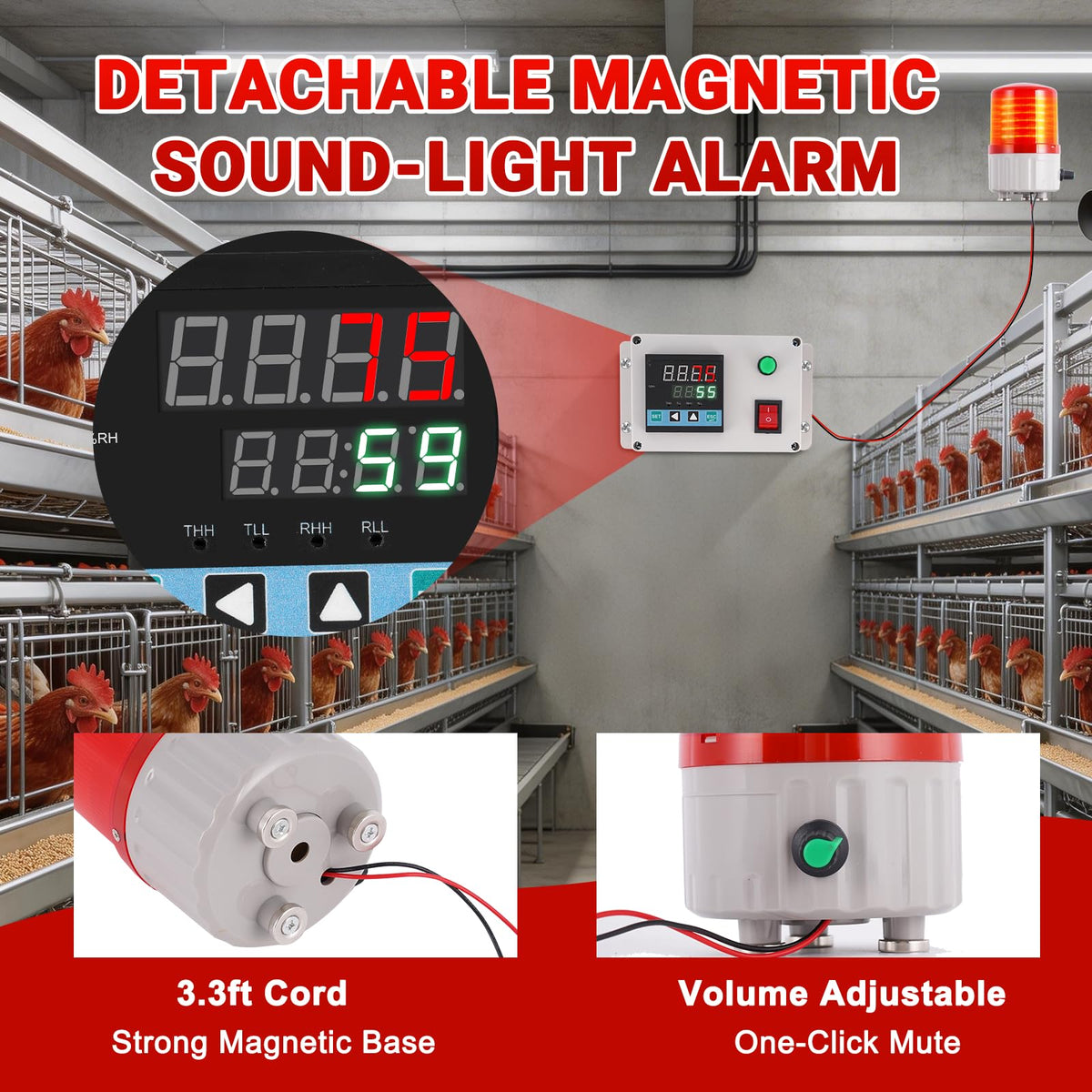 JIAWANSHUN Industrial Temperature Humidity Alarm, -40-185°F 0-100%RH Digital Thermometer Hygrometer, Independent Alarm Sound Light Alert Calibration for Greenhouse, Pet House, Chicken 110V