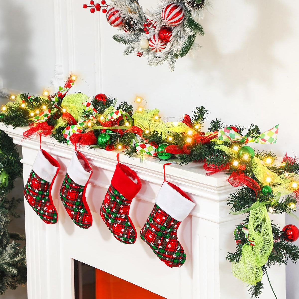 Riceshoot 6 ft Red and Green Christmas Garland with Lights for Mantle Bright Green Whimsical Xmas Garland with Red Green Balls for Front Door Fireplace Porch Table Centerpiece Outdoor Party Decor