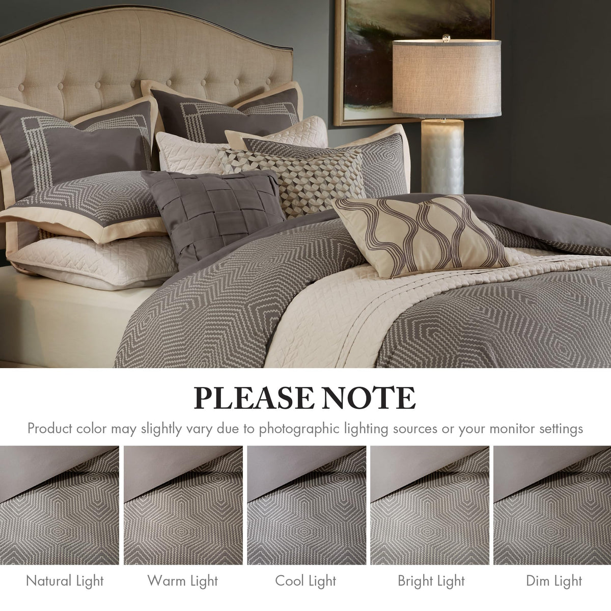 Madison Park Signature Cozy Comforter Set - All Season Bedding Combo Filled Insert and Removable Duvet Cover, Shams, Decorative Pillows, Queen (92 in x 96 in), Geometric Grey 9 Piece