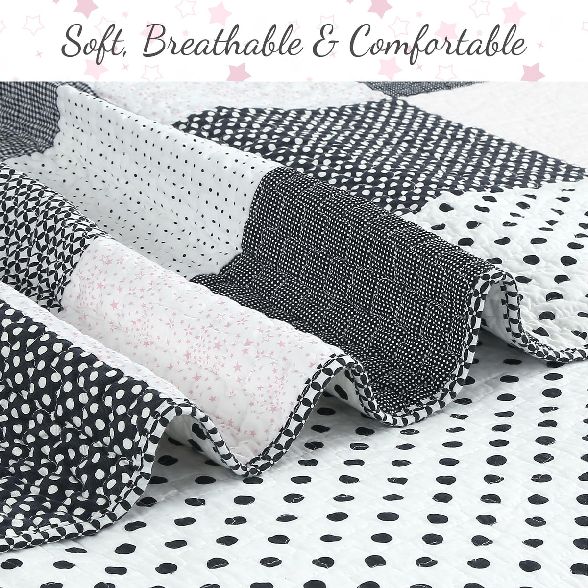 Cozy Line Home Fashions Black White Pink Polka Dots Striped Star Girl 100% Cotton Reversible Quilt Bedding Set, All-Season Coverlet Bedspread (Black Pink, Twin - 2 Piece)