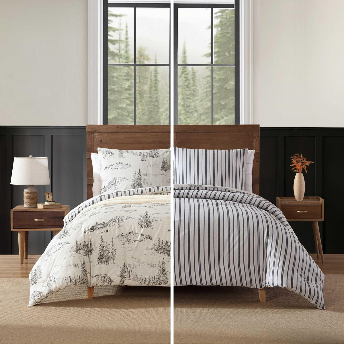 Eddie Bauer - Queen Duvet Cover Set with Shams, Cotton Percale Bedding, Reversible, Center Closure, Rocky Mountain Cabin Grey
