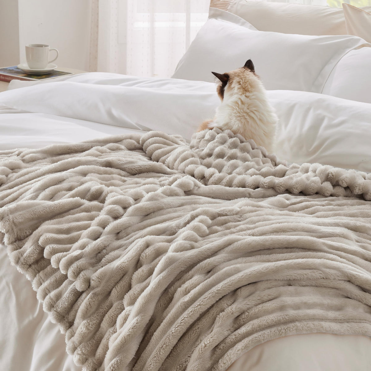 Bedsure Fleece Throw Blanket（White ＆ Beige）