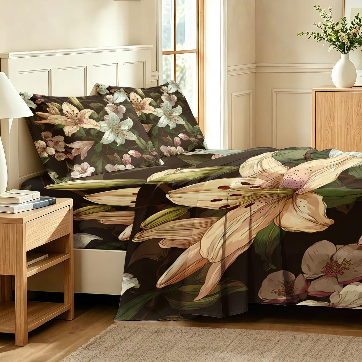 Lily Floral Sheet Set, 4 Pcs King Size Botanical Bed Sheets