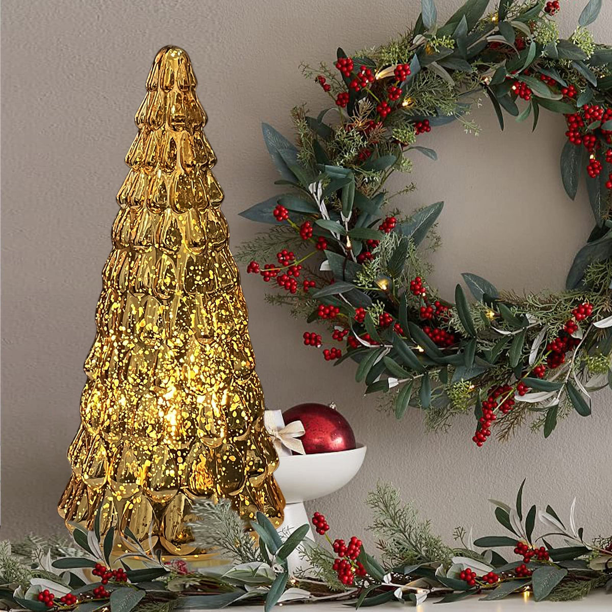 SHMILMH Gold Mercury Glass Christmas Tree Set of 2, Tabletop Christmas Tree with Light, Battery Operated Small Xmas Tree for Fireplace Centerpiece Decorations 10"