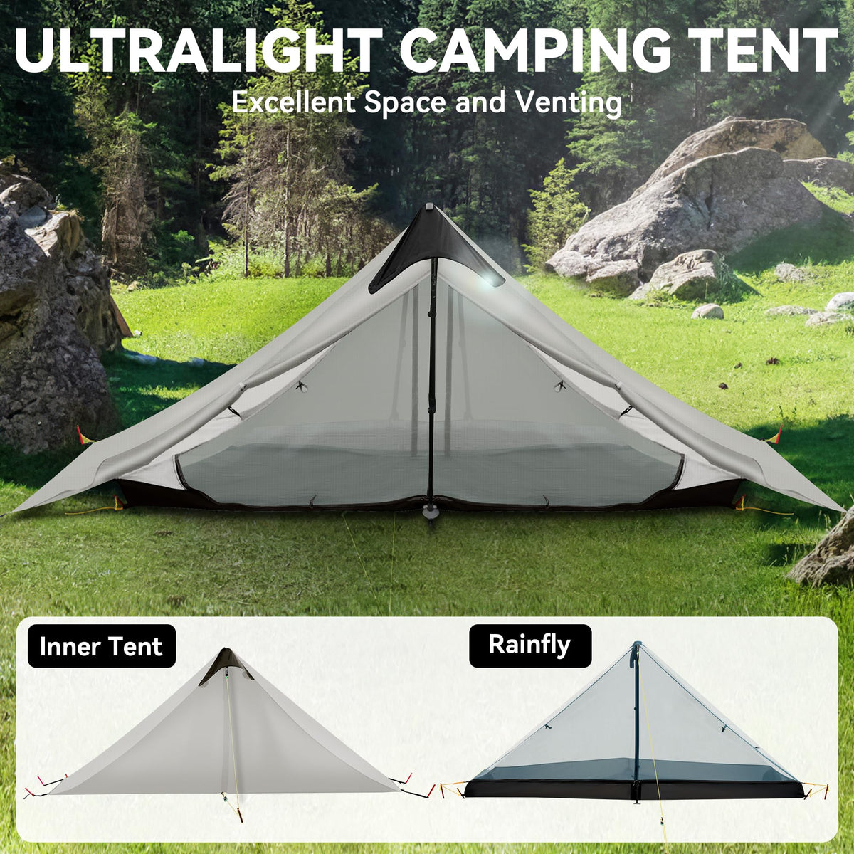 Ultralight Tent 3-Season Backpacking Tent 2 Person Camping Tent, Outdoor Lightweight LanShan Camping Tent Shelter for Camping, Trekking, Kayaking, Climbing, Hiking, 2 Person/Grey White