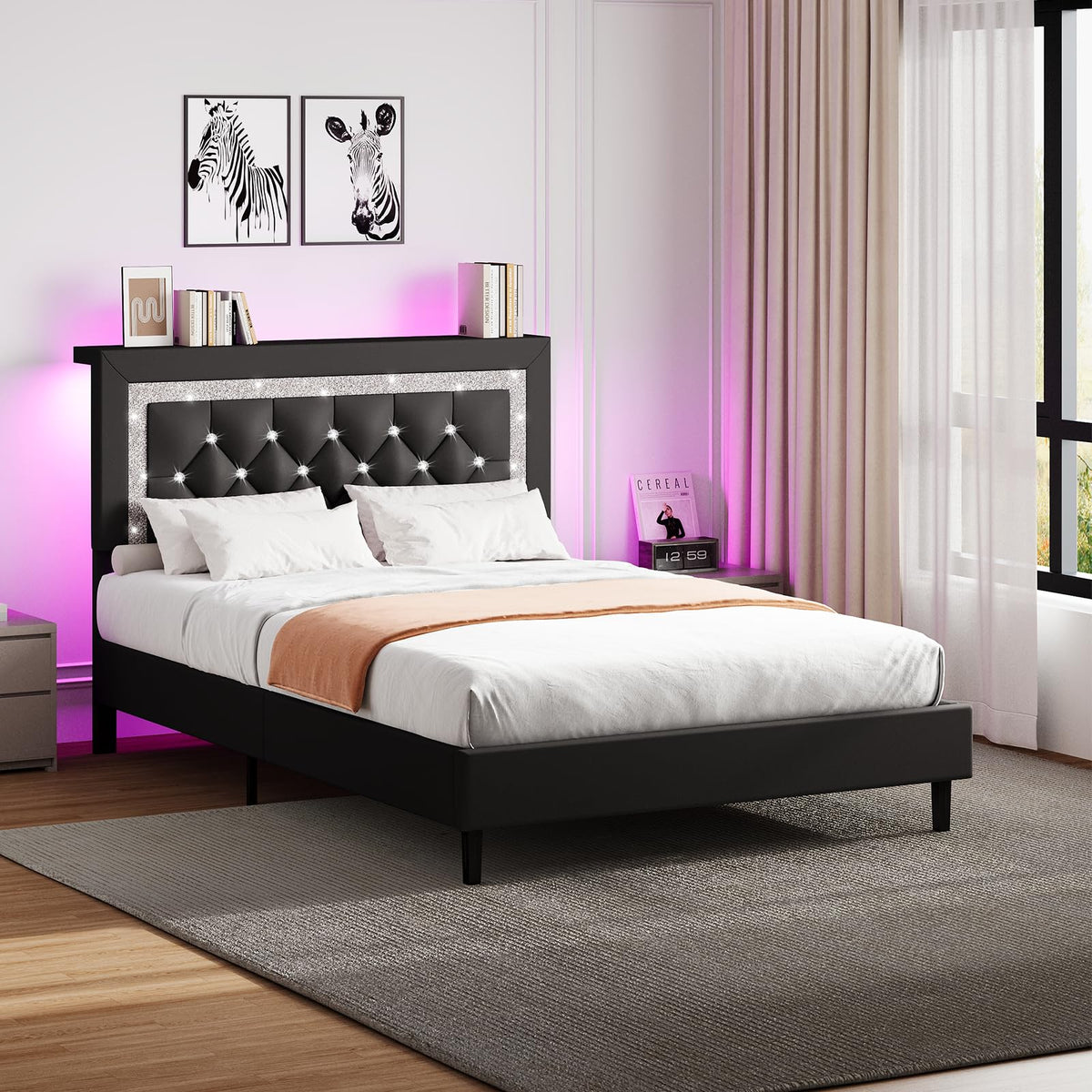 Twin Bed Frame with Storage Headboard, Upholstered Platform Bed Frame with Diamond Tufted Headboard and LED Lights, Wooden Slats Support, Noise Free, No Box Spring Needed, Easy Assembly, Black