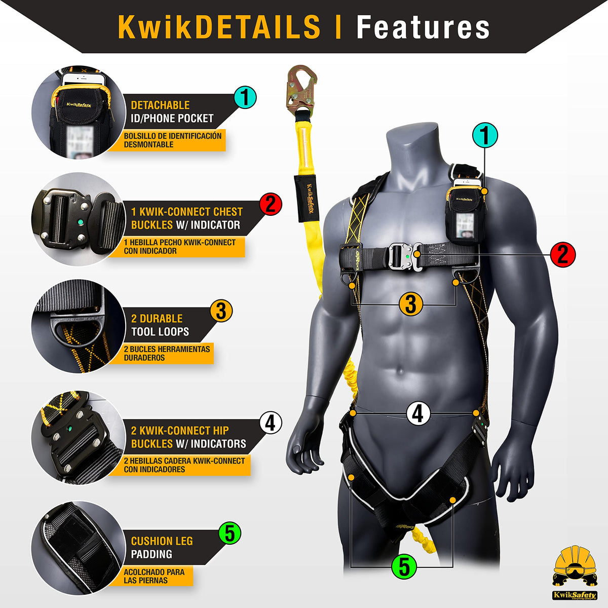 KwikSafety SCORPION DiamondBACK Safety Harness | Full Body Fall Protection Harness w/ 6ft Lanyard | Construction Roofing Gear | OSHA ANSI Compliant PPE