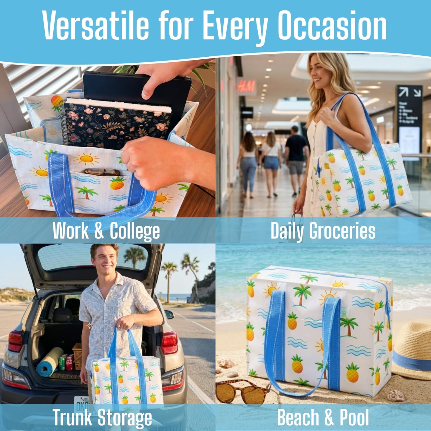 VENO 2 Pack Reusable Grocery Bags with Zipper, Heavy Duty Large Utility Tote with Hard Bottom, Foldable Water-Resistant Shopping Bags for Summer Beach, Pool, Picnic & Family Travel (Tropical Island)