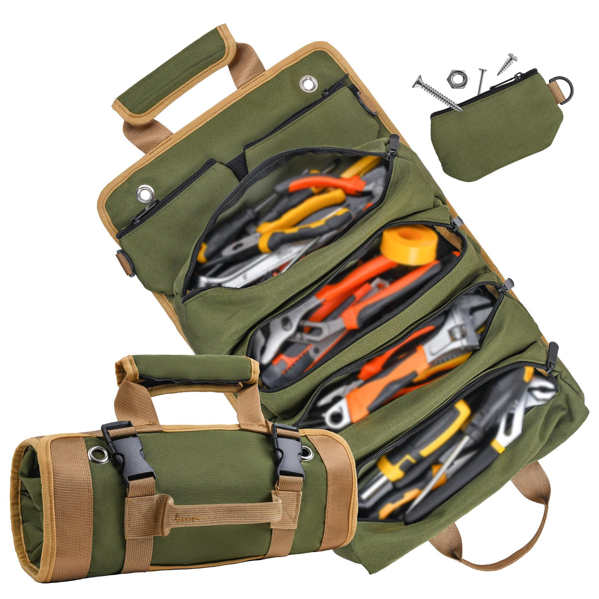 Tool Bag, Tool Bags for Men, Heavy Duty Tool Organizer, Portable Roll Up Tool Bag Gifts For Him, Mechanic, Electrician and Hobbyist, Car Tool Roll Organizer -Green