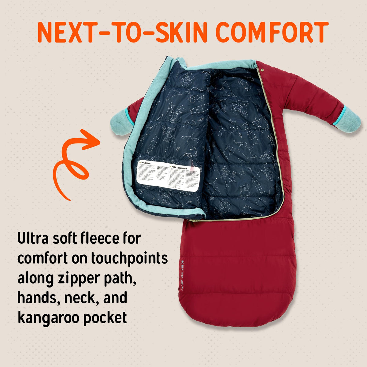 Kelty Space Cadet Infant and Toddler Sized Arms-Out Sleeping Bag, 30-40F Degree Rated, 8M-4T, Fleece-Lined Hand Covers (40F / 2-4T)