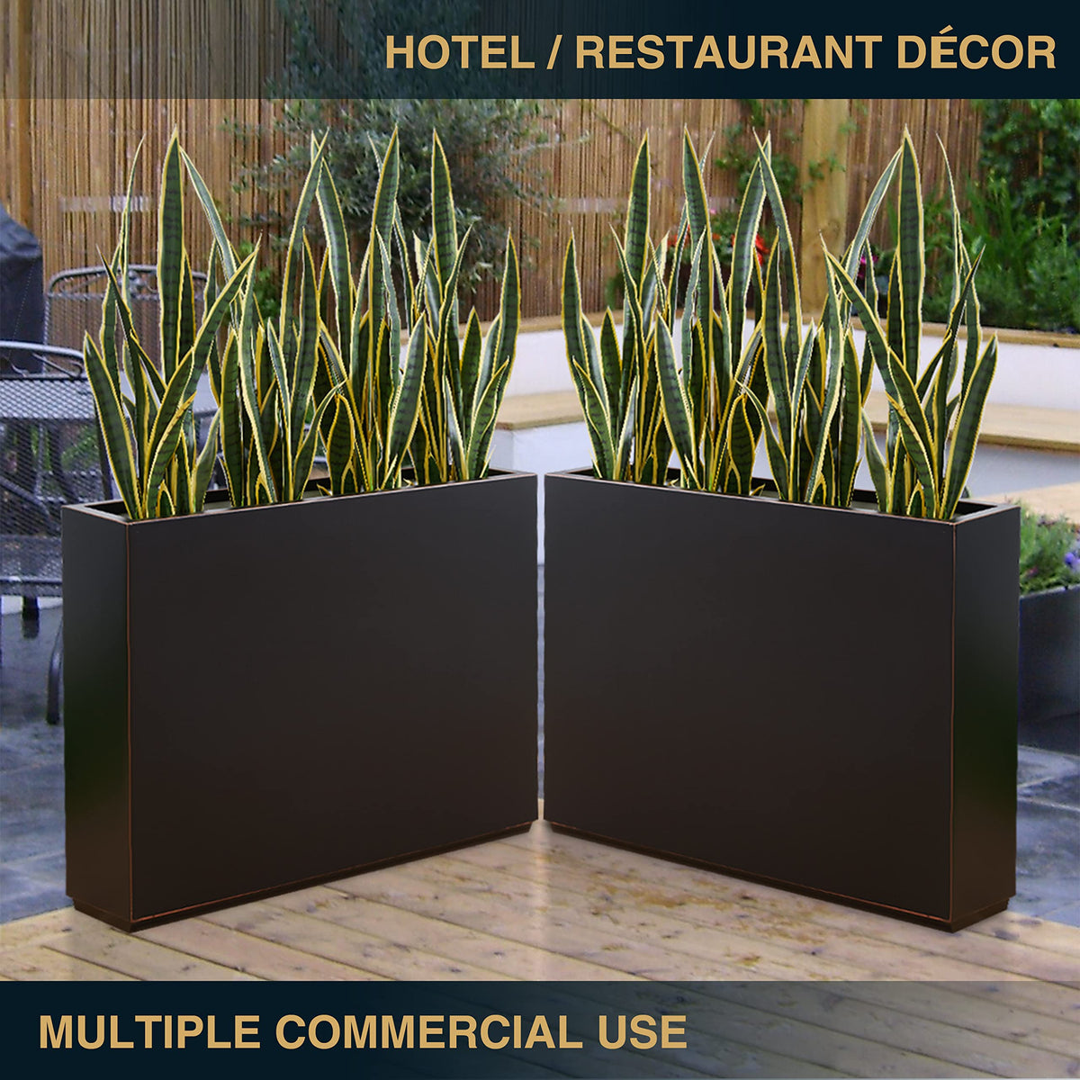 Wallowa Metallic Heavy Outdoor Planter Box, Span Planter, Pure Black with Hand Brushed Gold Rim, Long and Tall Divider Planter, No Assembly and Seamless, 38”Lx10”Wx30”H 48.8 Pounds