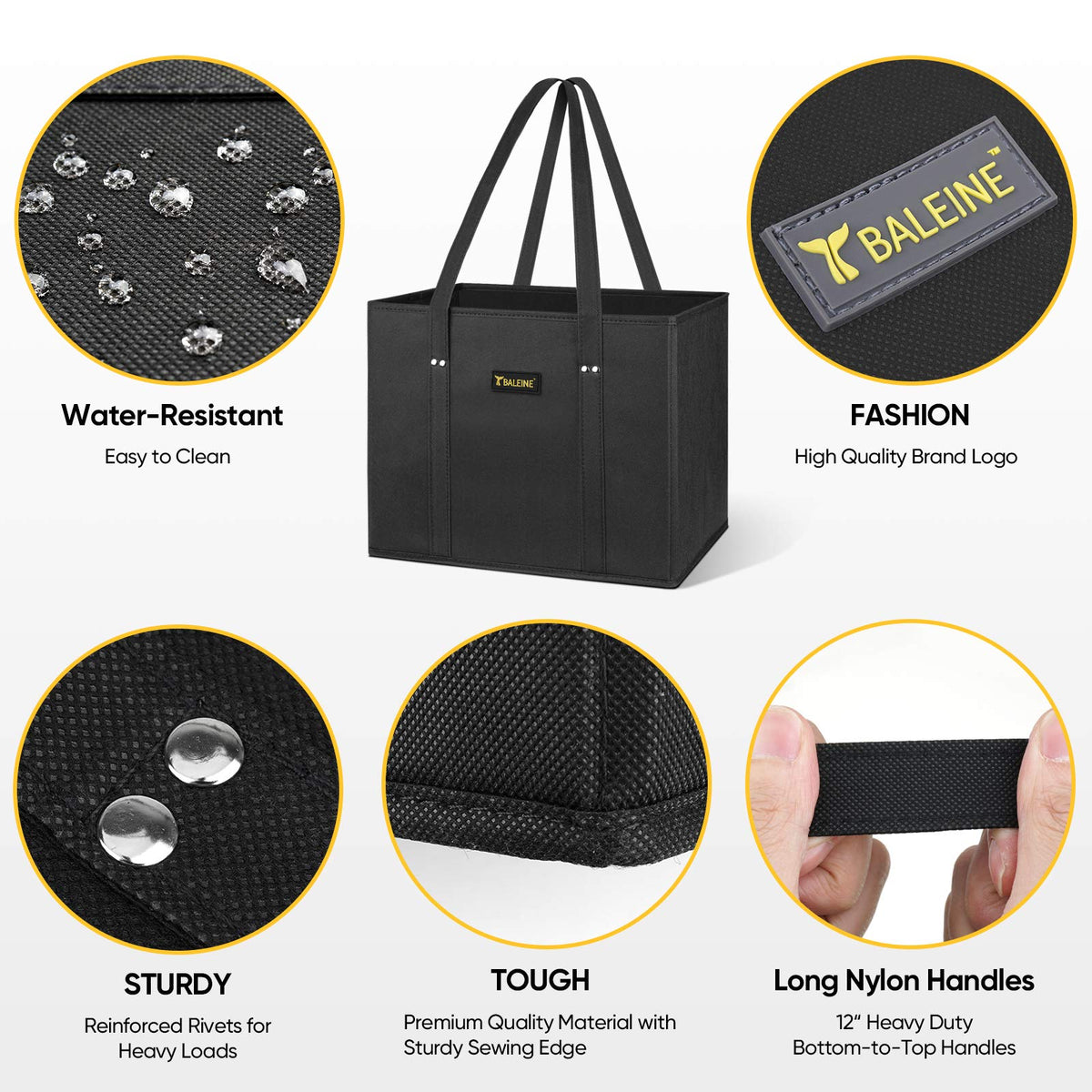 BALEINE 3Pk Reusable Grocery Bags, Foldable Shopping Bags for Groceries with Reinforced Bottom & Handles (Black)