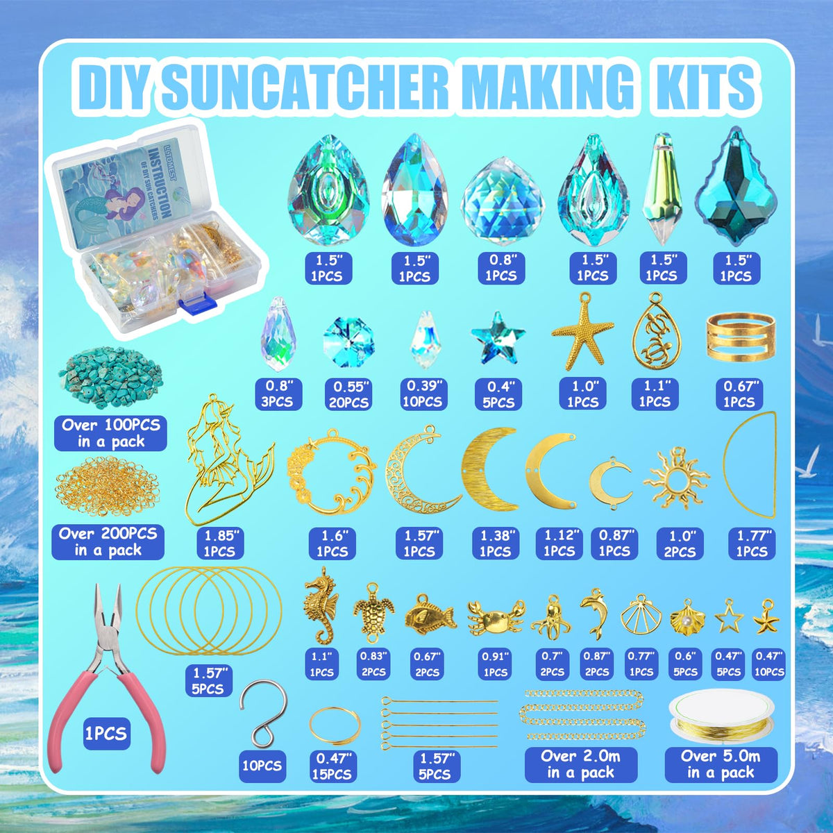 420pcs Suncatcher Making Kits for Adults Crystal Sun Catchers Crafts with Hooks Chains Pendants Rainbow Maker for Window Hanging Prism Indoor Outdoor Garden Xmas Wedding Party Decor (Mermaid)