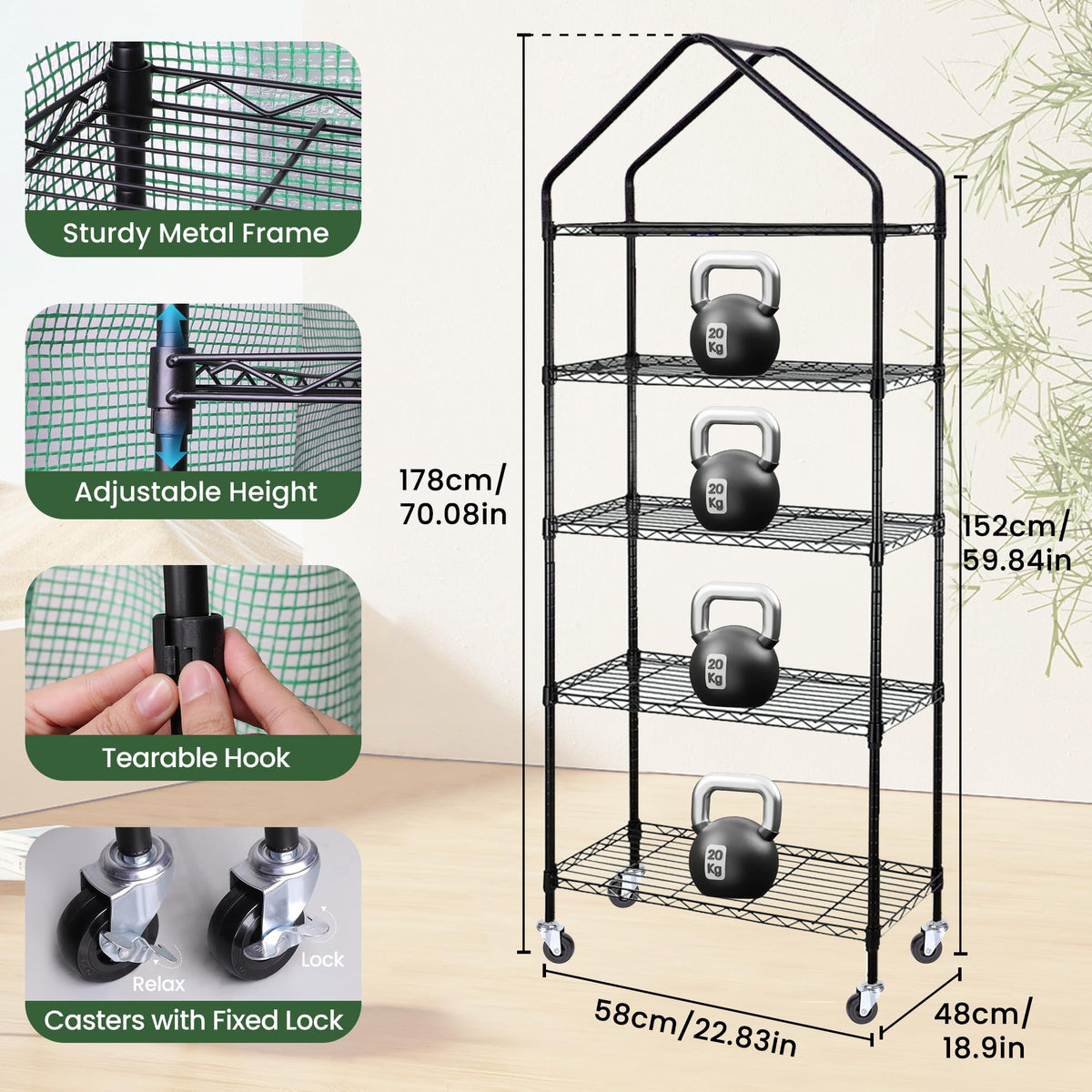 DazSpirit Mini Indoor Greenhouse with Grow Light, Portable 4-Tier Plant Stand with PVC Cover, Adjustable Shelves & Thermohygrometer for Seed Starting & Plant Growth, 70 x 23 x 19'', 32W Grow Light