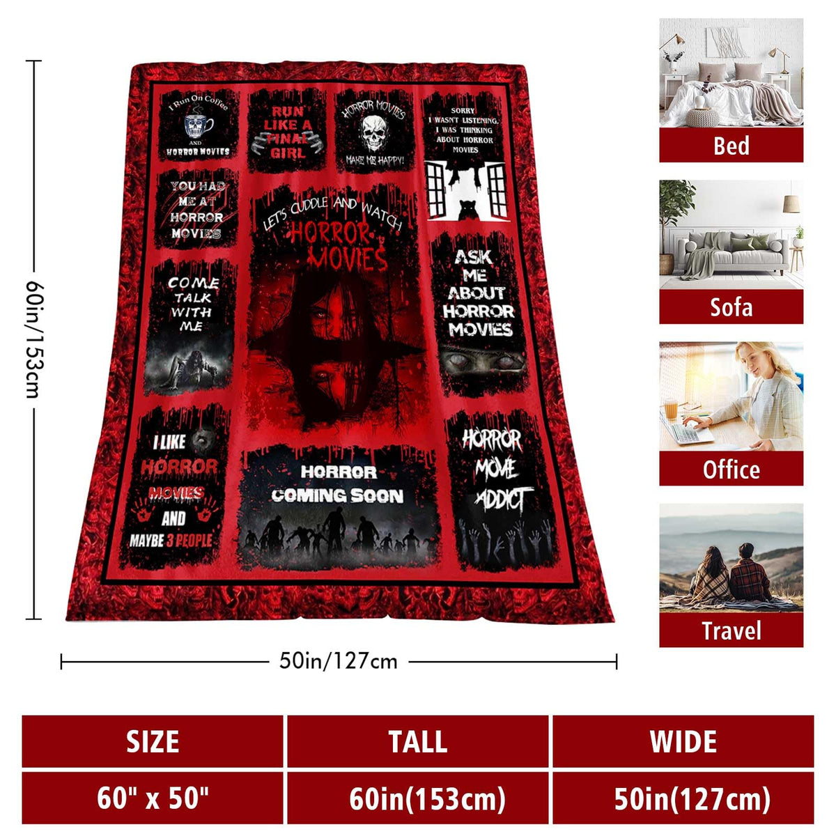 Whasnrt Horror Movie Gift Blanket 60"X50", Halloween Throw