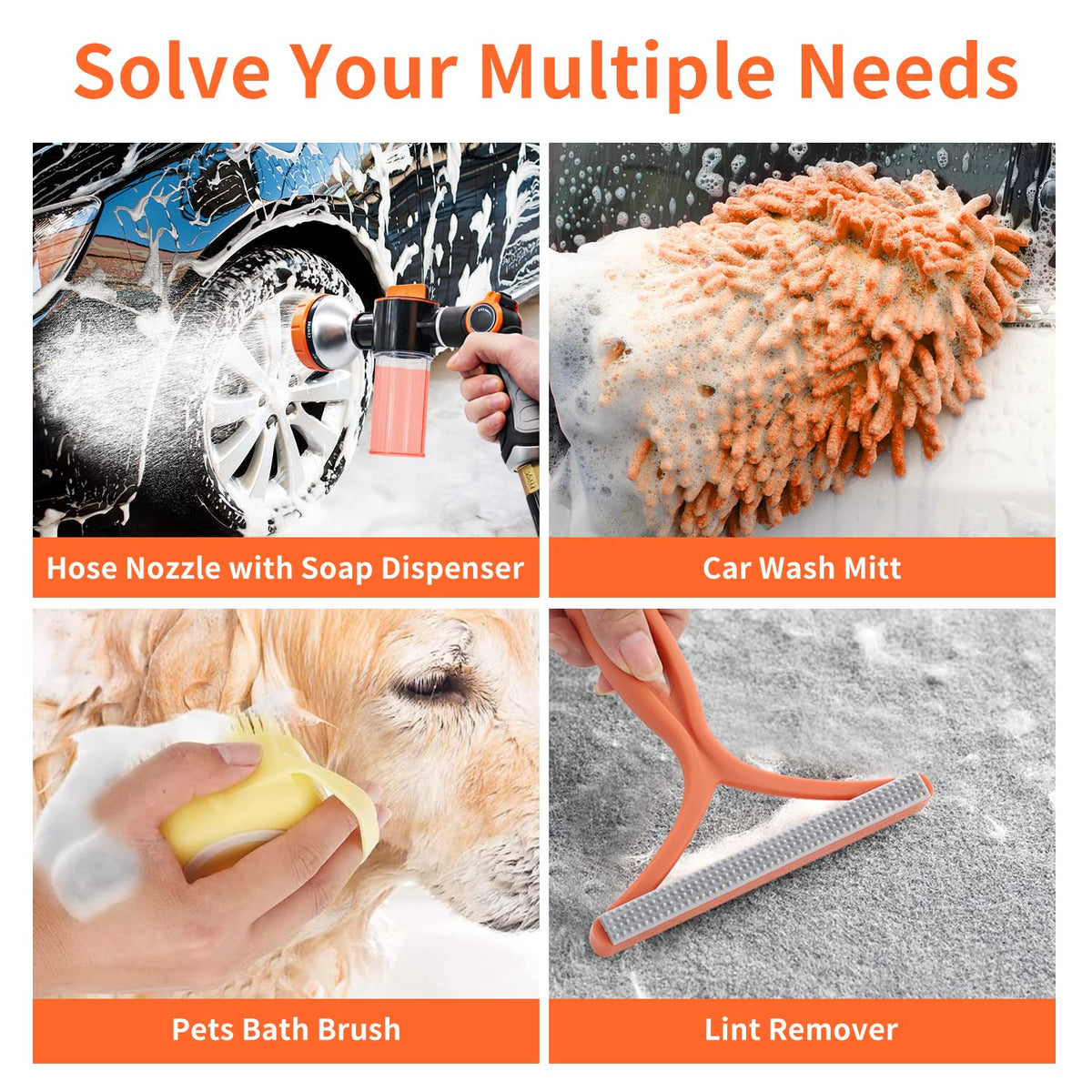 Hongmai Garden Hose Nozzle,8 Patterns Hose Sprayer High Pressure,Heavy Duty Dog Wash,Metal Water Hose Nozzle with Soap Dispenser,Car Wash Foam Gun With Pets Things