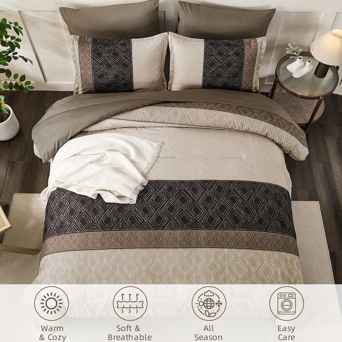 Dinjoy Boho Queen Comforter Set Light Brown,7 Piece Bed in a Bag Queen Size Lightweight Striped Bedding Sets with Plaid Comforters Bed Set with Sheets for Family All Season