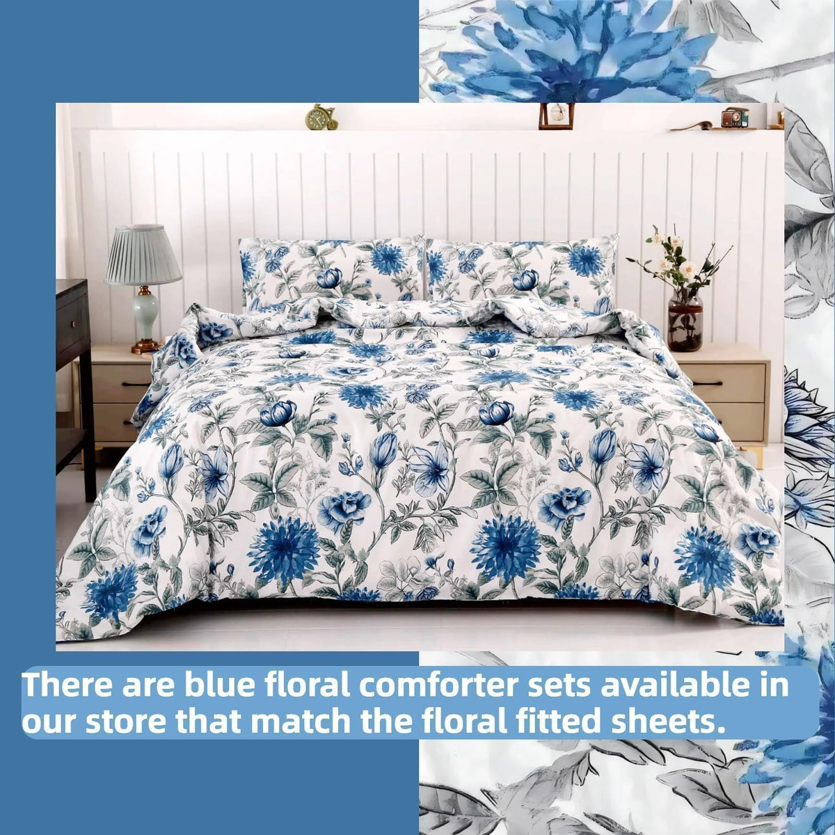 SDIII Blue Floral Twin Fitted Sheet with 2 Pillowcases, Deep Pocket Soft Microfiber Twin Bed Sheet Floral Blue All Season