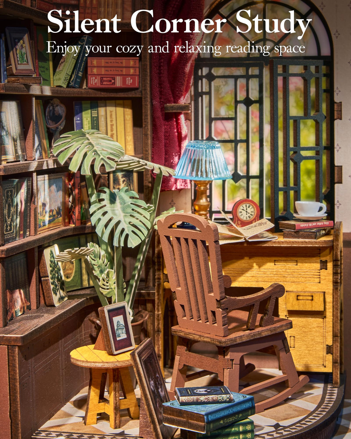 ROBOTIME Book Nook Kit, DIY Miniature House Kit, 3D Wooden Puzzle Bookends,Bookshelf Decor, Simple Assembly Dollhouse Kit, Creative Unique Gifts for Adults/Teens/Beginner (Silent Corner Study)