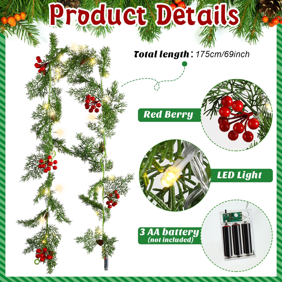 Spiareal 1 Pcs 5.74 ft Christmas Garland with Light Christmas Lighted Pine Garland Prelit Battery Operated Cedar Pine Cone Red Berry Greenery for Mantle Fireplace Decor