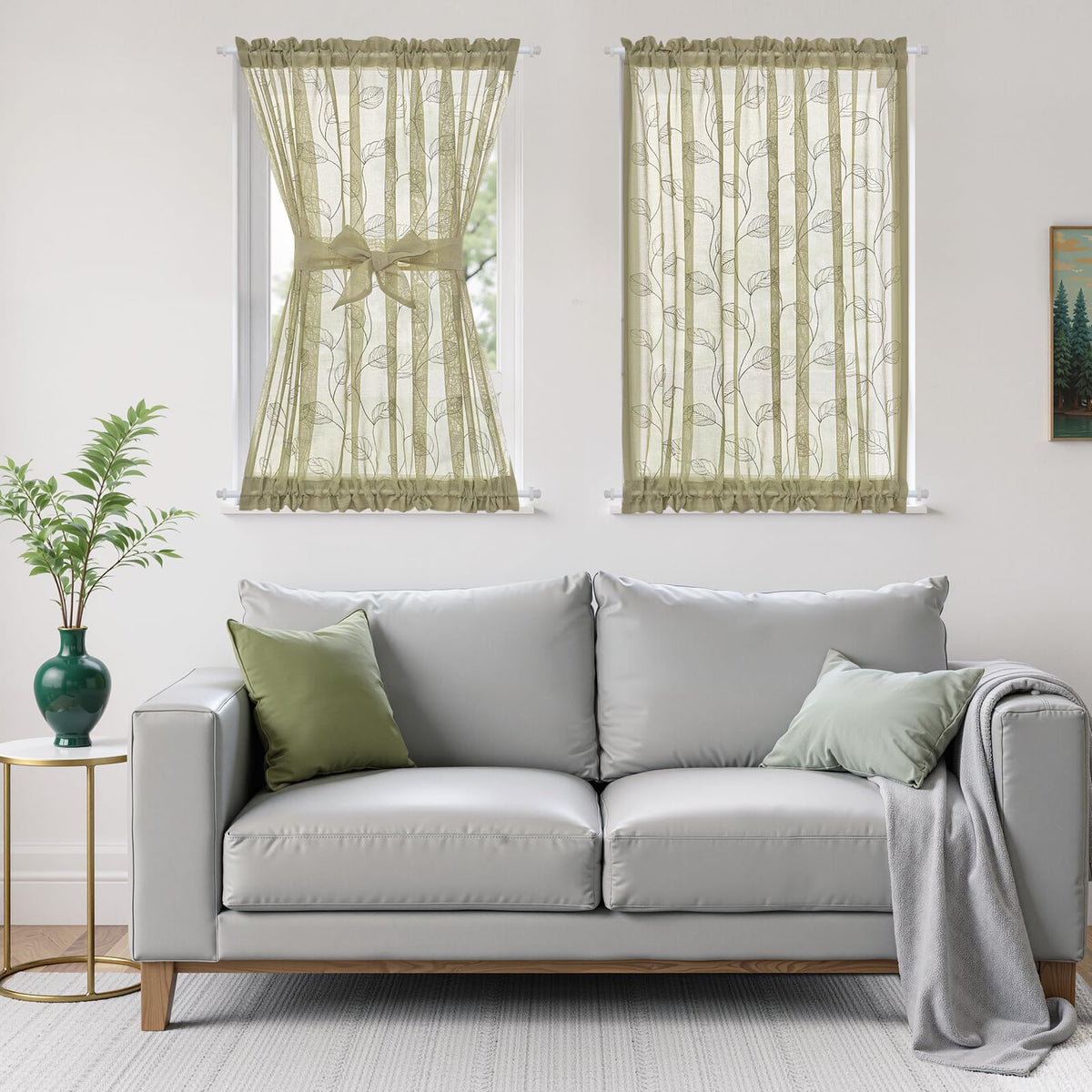 jinchan French Door Curtain Privacy Rustic Leaf Embroidered Semi Sheer Voile Front Curtain for Window Doorway Closet, Door Panel with Tieback Rod Pocket 1 Panel 55W x 40L Inch Sage Green