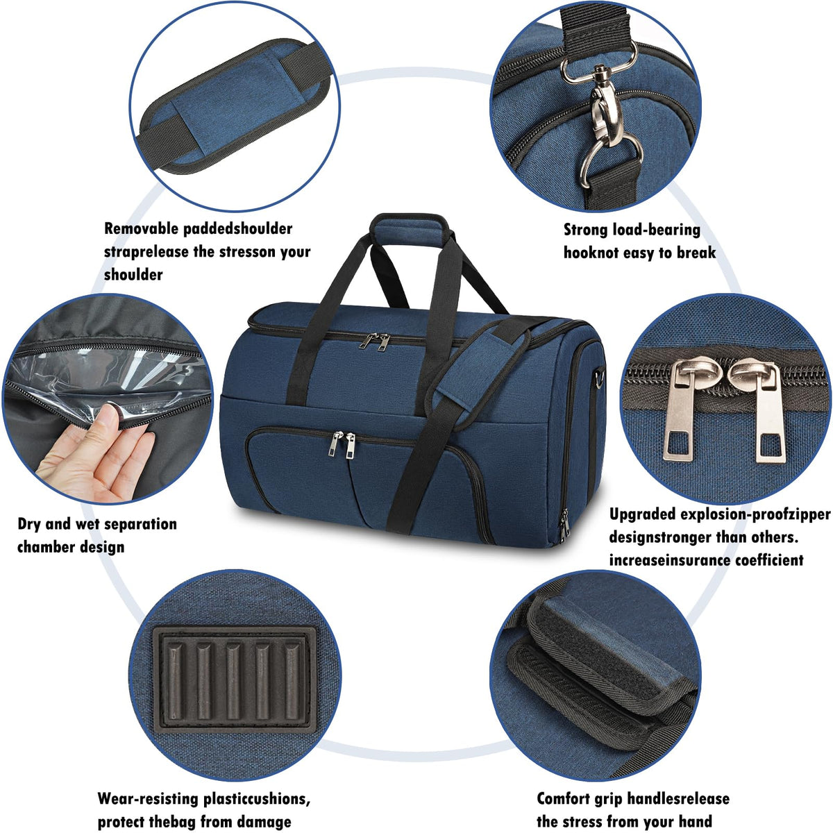 Pucuwu Garment Bags for Travel - Large Suit Bag for Men Carry On Garment Bag, Convertible Garment Duffle Bag with Shoes Compartment, 2 in 1 Hanging Dress Suitcase Suit Travel Bags (Dark Blue)