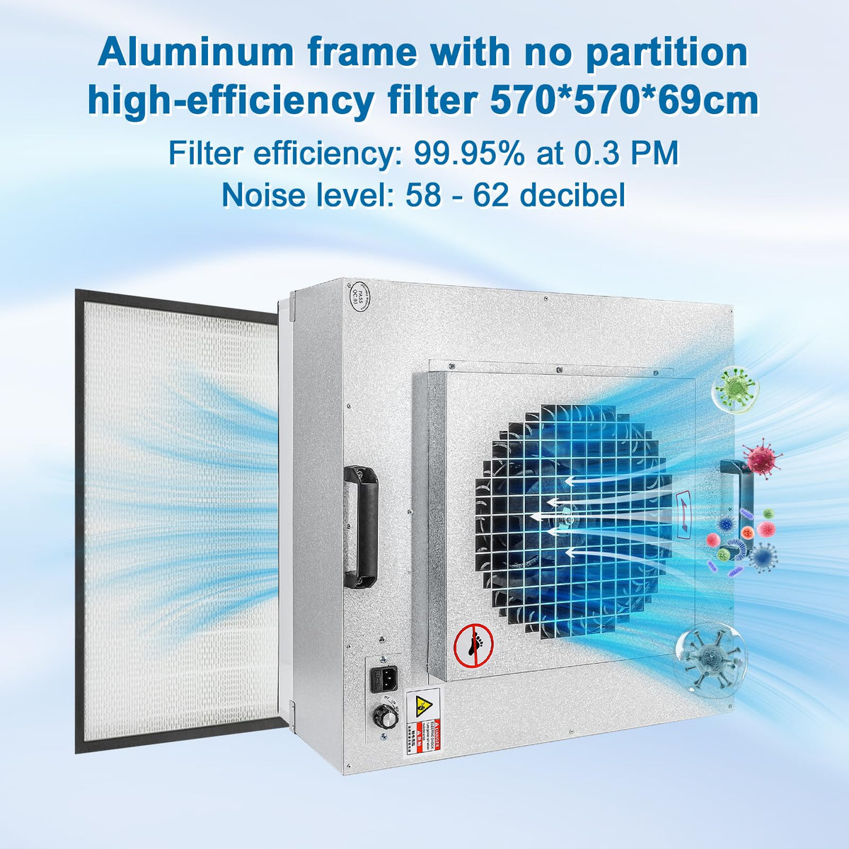 Professional HEPA Laminar Flow Hood, H14 High Efficiency Filter, Silver, 22.6x22.6x10.2 Inch, Clean Room Grade Laboratory Fan System with Control Board