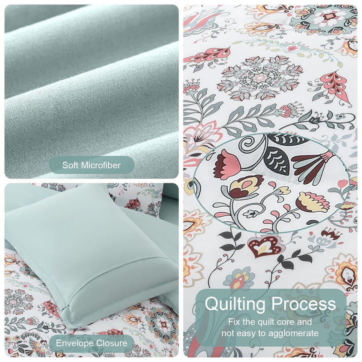 Boho Comforter Set Queen - 7 Pieces Bed in a Bag Floral Design, Bohemian Comforter Set with Sheets, Soft Microfiber Complete Bedding Sets All Season (Light Green, Queen)