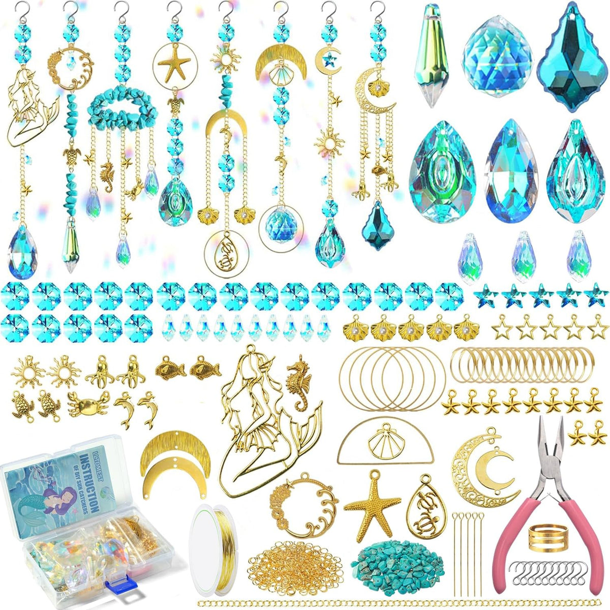 420pcs Suncatcher Making Kits for Adults Crystal Sun Catchers Crafts with Hooks Chains Pendants Rainbow Maker for Window Hanging Prism Indoor Outdoor Garden Xmas Wedding Party Decor (Mermaid)