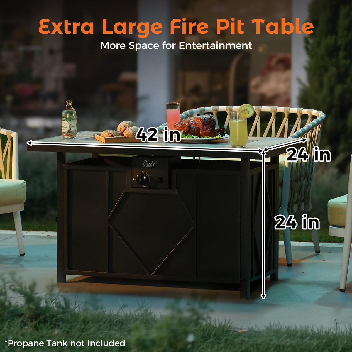 BALI OUTDOORS 42 inch Propane Fire Pit Patio Outdoor Fire Pit Table Large Black Firepits for Outside Rectangular