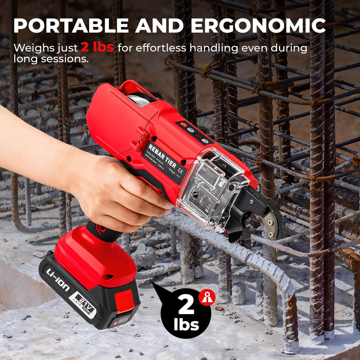 Rebar Tying Machine, Automatic Rebar Tie Gun, Electric Cordless Wire Twister Tool, Battery Powered 1-9 Tightness Adjustable for Φ 0.3" to 1.3" Rebars