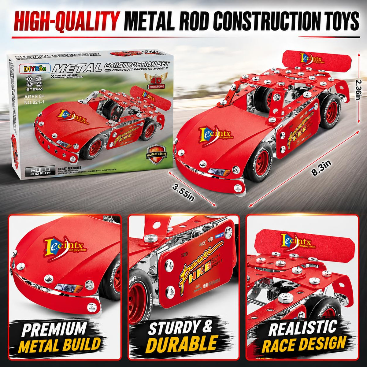 DIYBee Metal Model Car Kit, 192 Pcs Racing Car Building Kit for Boys 8-12, Build Your Own Car Kit, STEM Toys for Ages 8-13 14 15 16, Metal Construction Erector Set for Kids Teens Adults