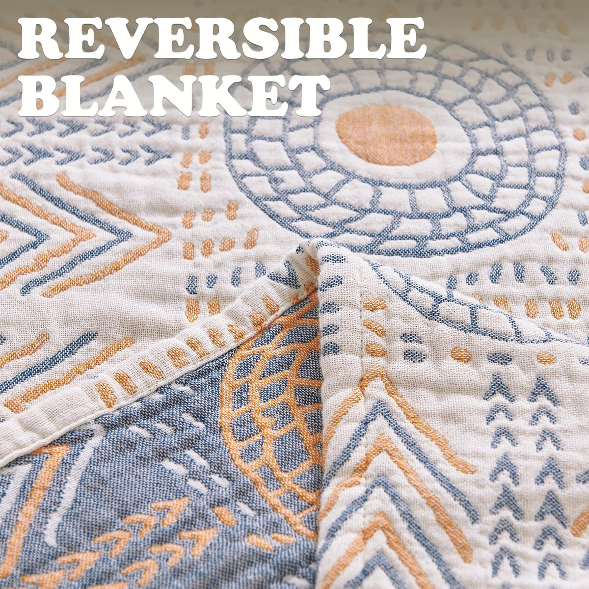 jinchan Boho 100% Cotton Muslin Twin Size 60x80 Throw Blanket Lightweight 4-Layer Orange Reversible Blanket Washable Breathable Geometric Striped Pattern Soft Comfy for Couch Bed Decor All Seasons