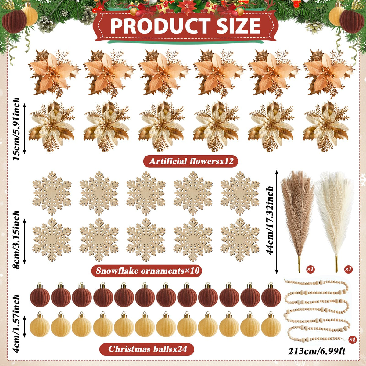 63Pcs Boho Christmas Tree Decoration Set Neutral Boho Christmas Tree Ornaments Wooden Bead Bow Xmas Balls Artificial Flowers and Grass DIY Decor Craft for Holiday Wedding Party Supplies Gifts