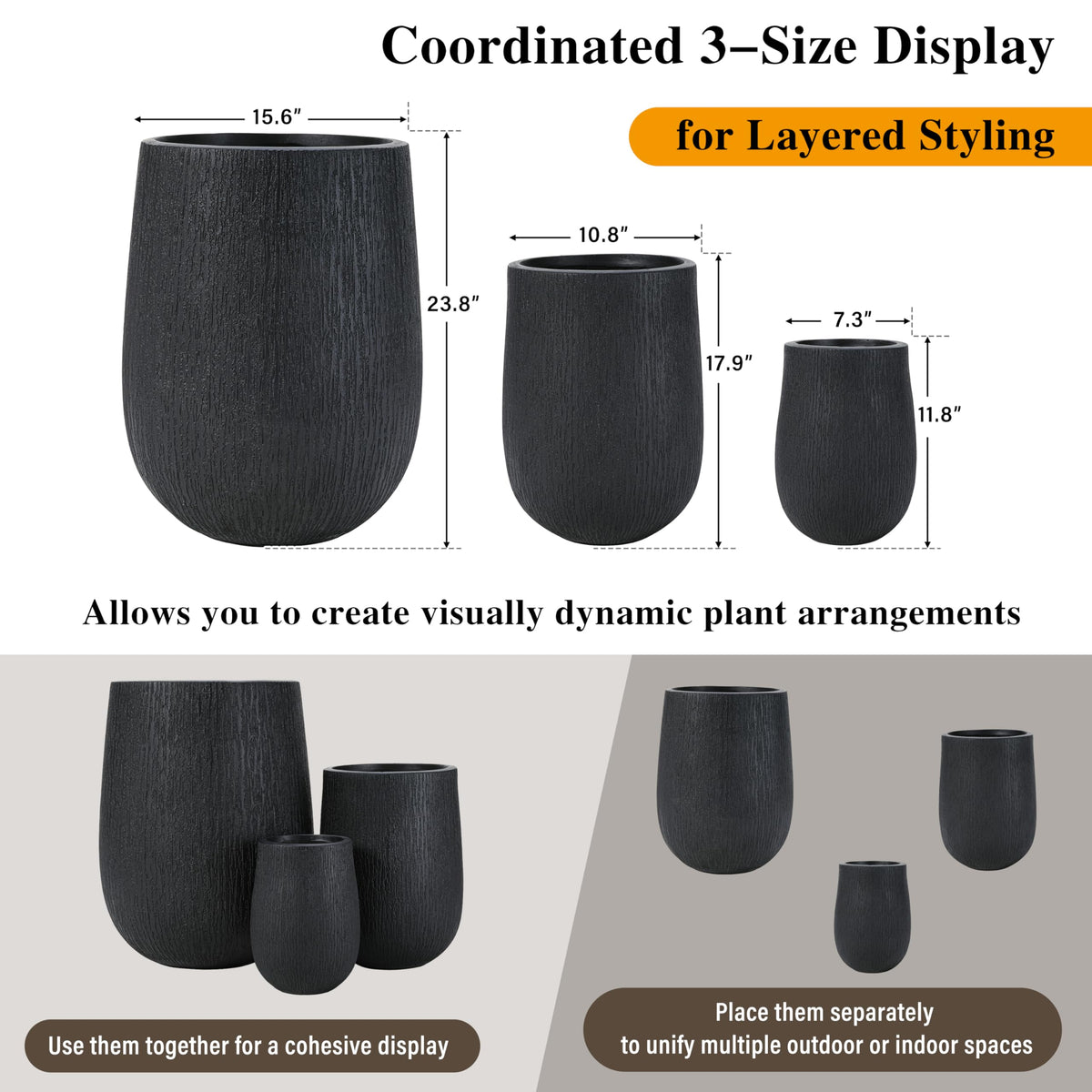 GDFStudio Lightweight MgO Egg-Shaped Planter Set of 3 Large Indoor Outdoor Plant Pots with Drainage Hole & Rubber Plug, Stone Texture Round Flower Pots for Patio Balcony Garden Lawn Poolside, Black