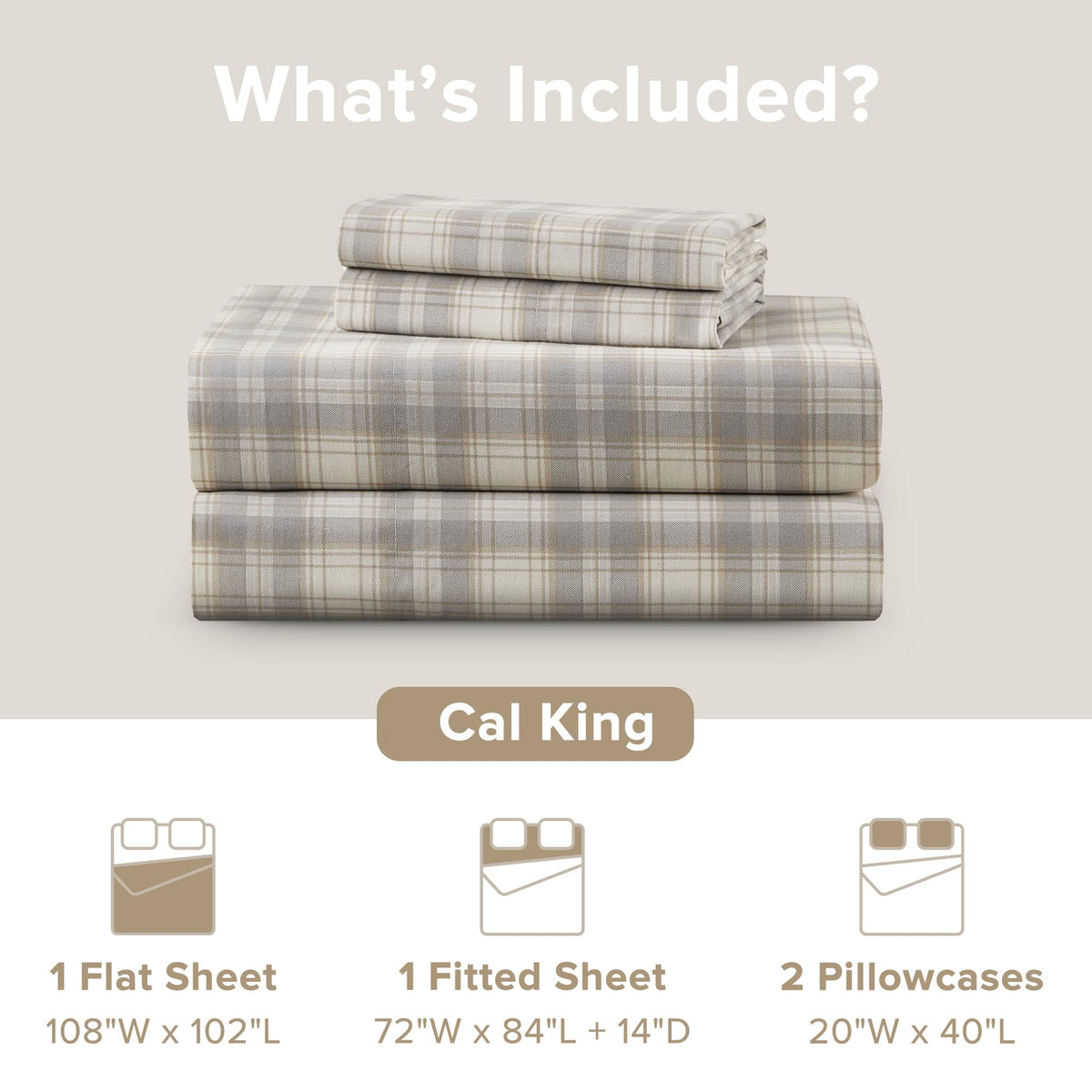 Comfort Spaces 100% Cotton Sheets Cal King, Breathable, Naturally Cool Cotton Sheets, Cotton Bed Sheets with 14" Elastic Pocket Fits up to 16" Mattress, All Seasons Sheet Set, Wesley Taupe 4 Piece