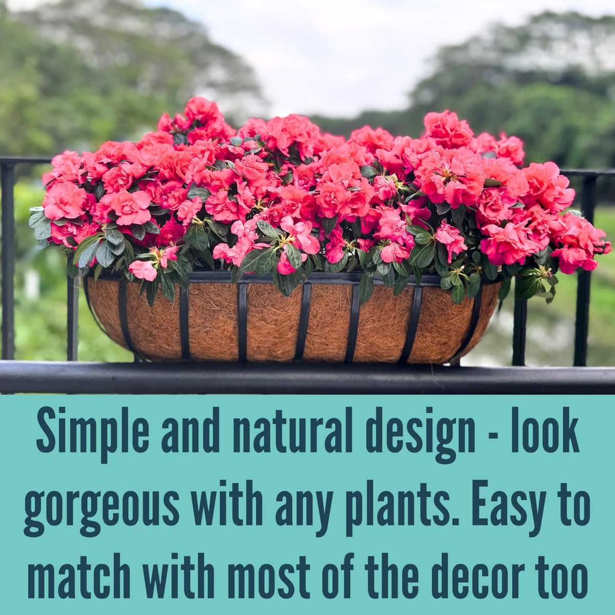 LaLaGreen Railing Planters Box (36", 2 Pack) Black Metal Rectangular Window Flower Box with Coco Liner, Extra Large Wall Hanging Planter for Outdoor Plants Deck Rail Fence Bracket Balcony Porch Garden