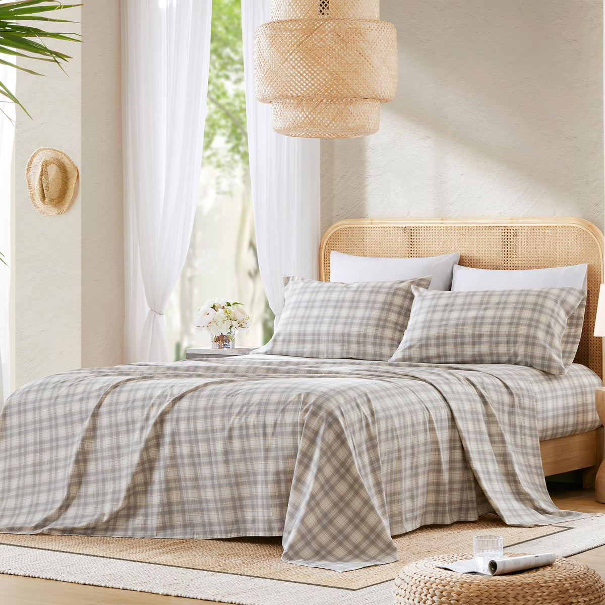 Comfort Spaces 100% Cotton Sheets Cal King, Breathable, Naturally Cool Cotton Sheets, Cotton Bed Sheets with 14" Elastic Pocket Fits up to 16" Mattress, All Seasons Sheet Set, Wesley Taupe 4 Piece