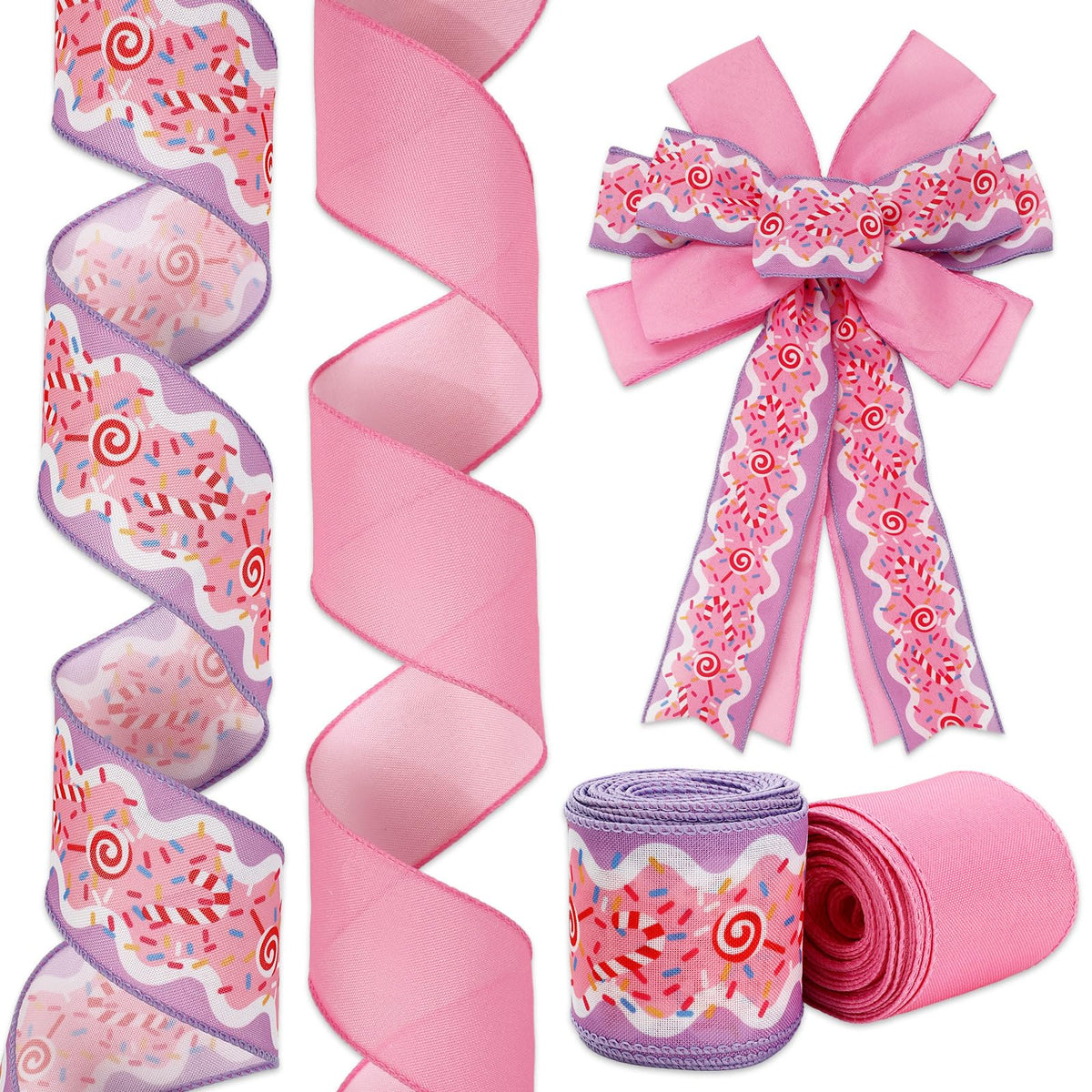 JarThenaAMCS Christmas Wired Edge Ribbon Pink Purple Candy Cane Fabric Craft Ribbon for Wreath Bow Making DIY Crafts Wrapping, 2 Roll, 20 Yards