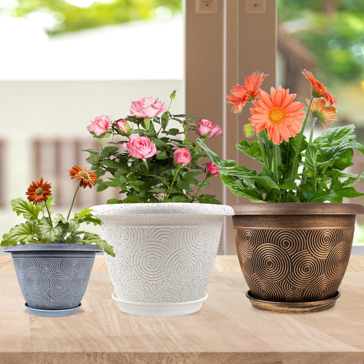 10 Inch Flower Pots Planters for Indoor Outdoor Plants, 3 Pack Plastic Large Plant Pots with Drainage Hole & Tray, Modern Decorative Garden Pot with Saucer, Plant Container for House