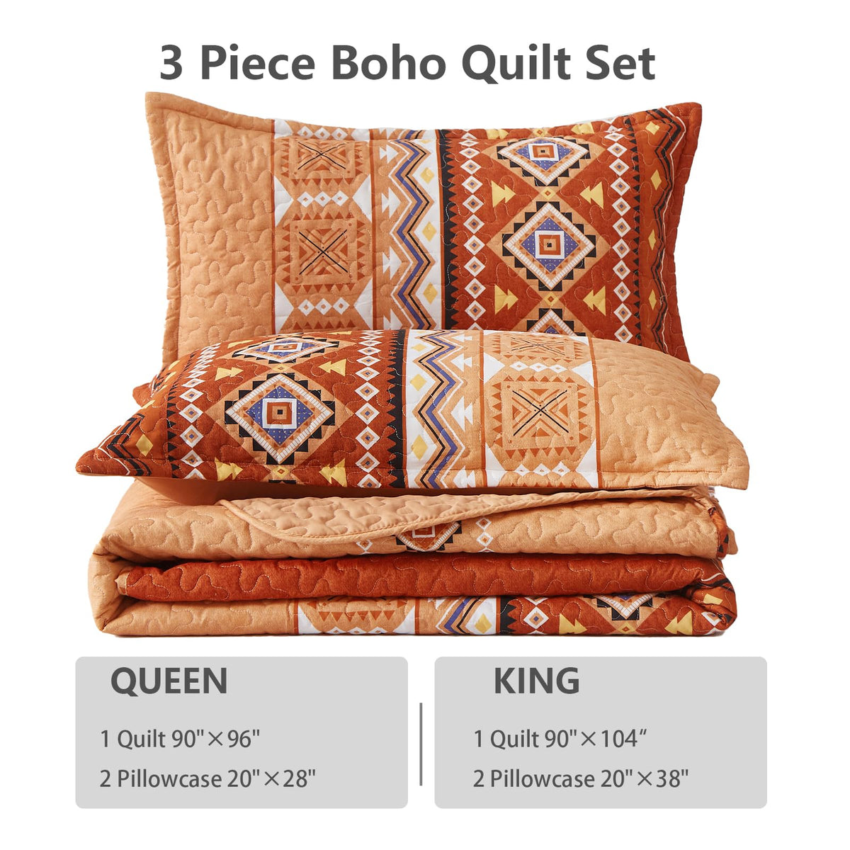 WONGS BEDDING 3 Pieces Quilt Set California King, Burnt Orange/Rust Thanksgiving Quilt Bedspread Bohemian Coverlet Set with 2 Pillowcase, Fall Soft Thanksgiving Bedding Set All Season 106"×96"