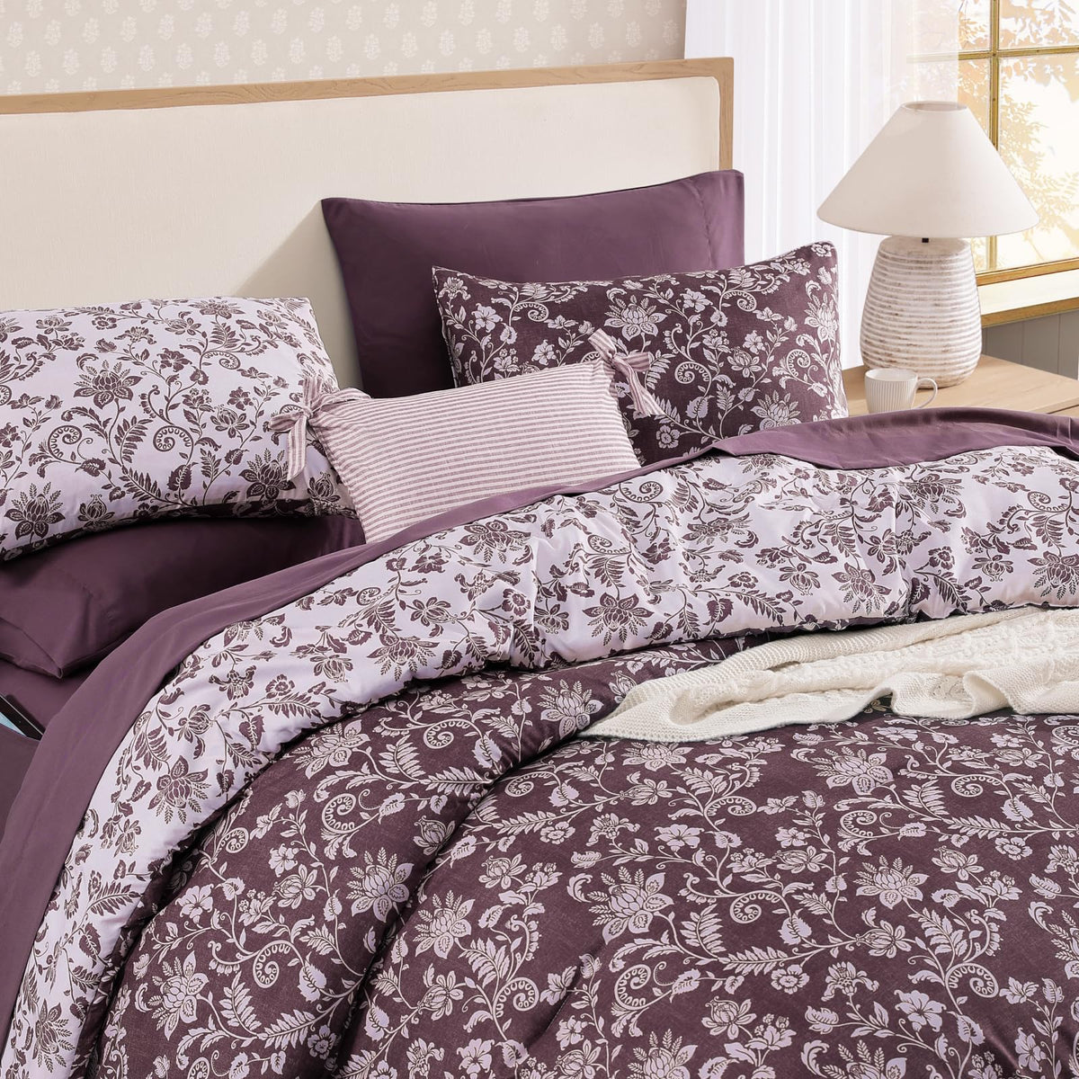 BLOOMHAVEN Queen Comforter Set -7 Pieces Floral Dark Purple Comforter Set for All Seasons, Bed in a Bag Queen with Botanical Flowers Comforter, Sheets, Pillowcases & Shams