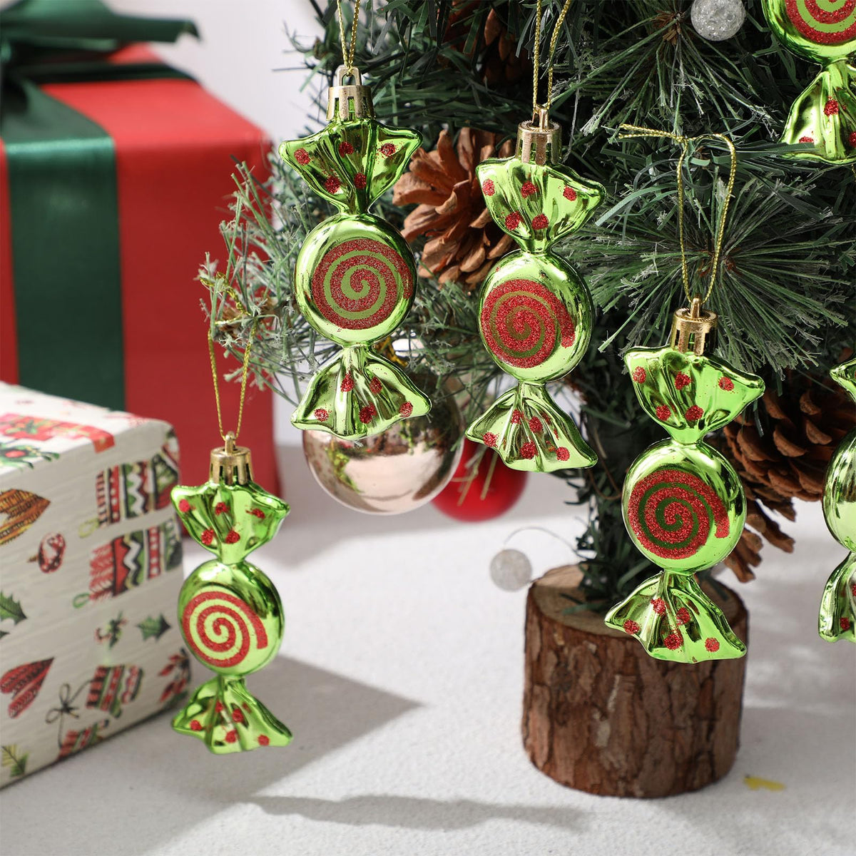 Threan 12 Pcs Christmas Candy Ornaments for Tree Decoration Hanging Glitter Candy Cane Christmas Peppermint Ornament with Golden Rope for Xmas Holiday Decoration(Green with Red,Plastic)