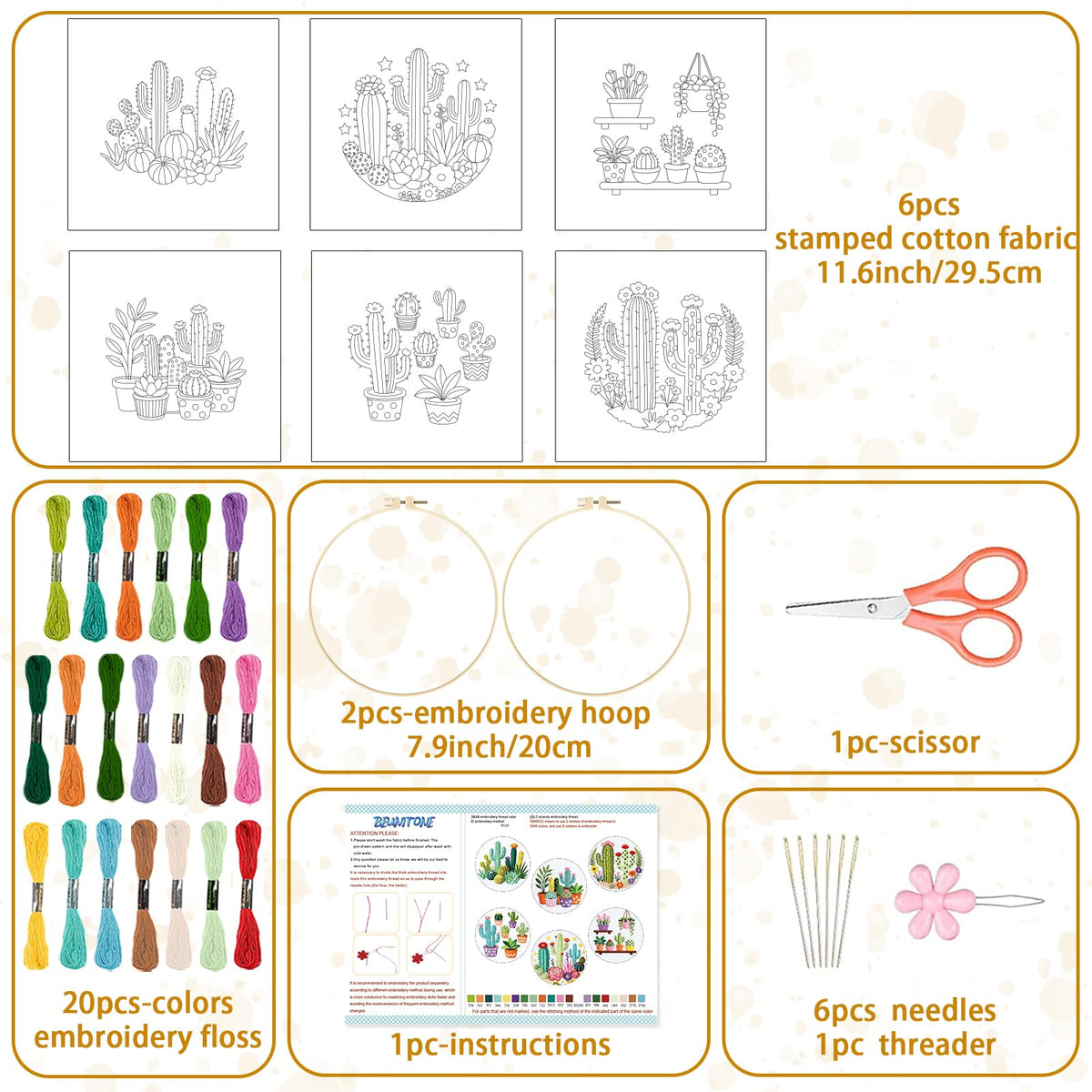 BEUNITONE Cactus Embroidery Kit for Beginners, 6PC Succulent Plant Themed Needlepoint Kits for Adults with Hoops, Threads, Needles, Instructions and Full Kits, DIY Home Decor Craft Gift for Adults