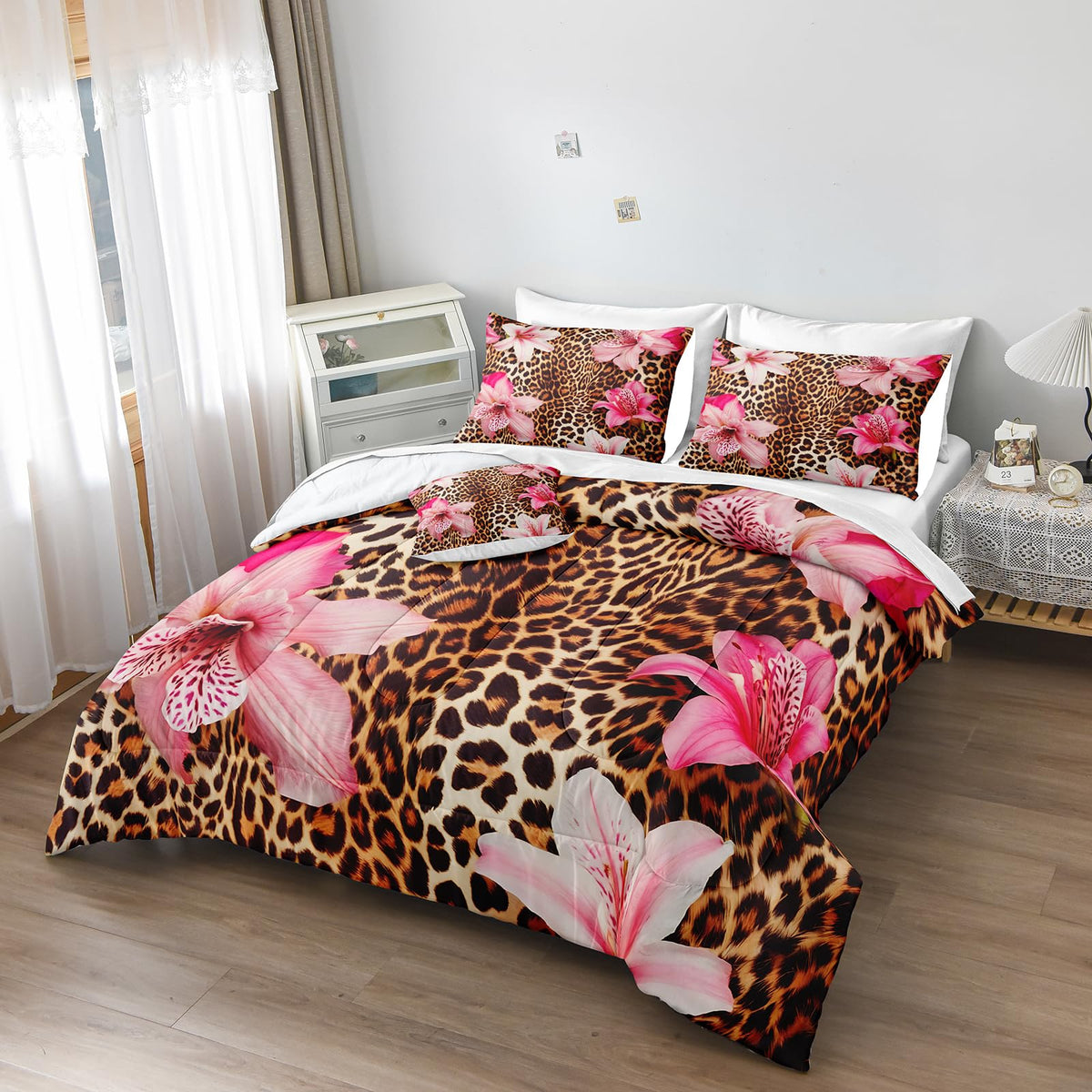 MOVE OVER Leopard Printed Comforter Set King Size 8 Pieces Bed in a Bag Pink Flower and Cheetah Printed Design Luxury Comforter Set with Sheet Set for Bedroom Decor