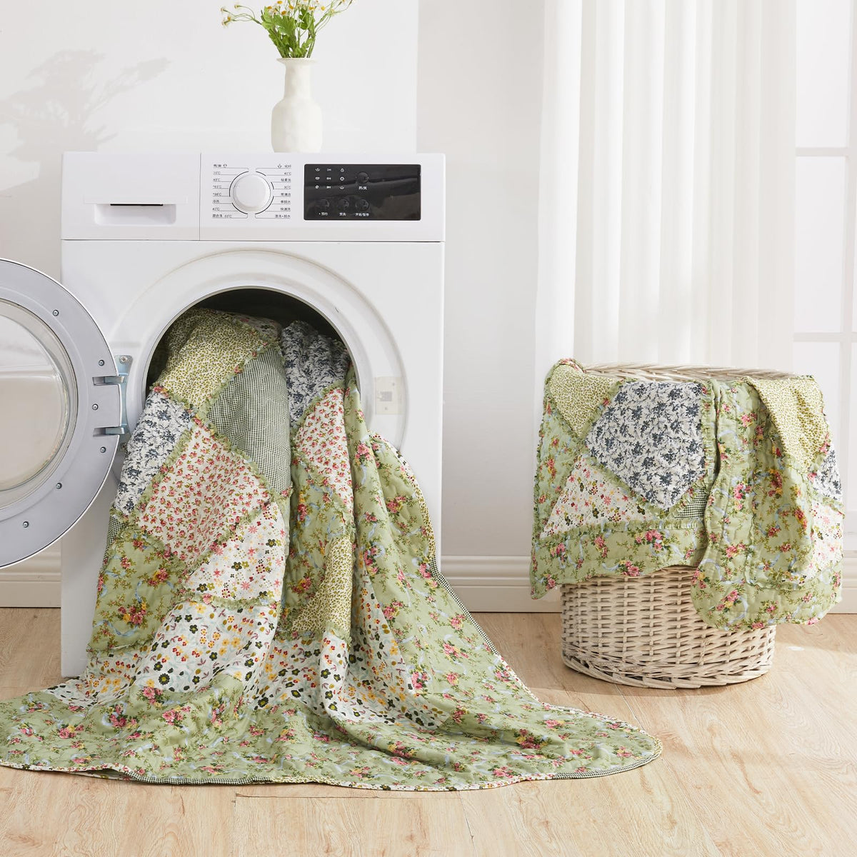 VIVILINEN Full Queen Size Green Patchwork Quilt Set Reversible Quilted Bedspread Coverlet Set 3-Piece Floral Lightweight Comforter Stitched Bedding Set Bed Sheet Set Cover Blanket with 2 Pillow Shams